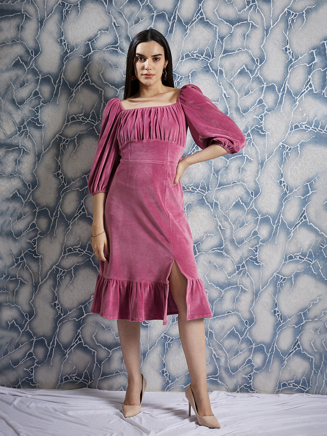 athena pink dress Athena Pink Square Neck Puff Sleeves Gathered Detailed Midi Sheath Dre –  athenalifestyle.com