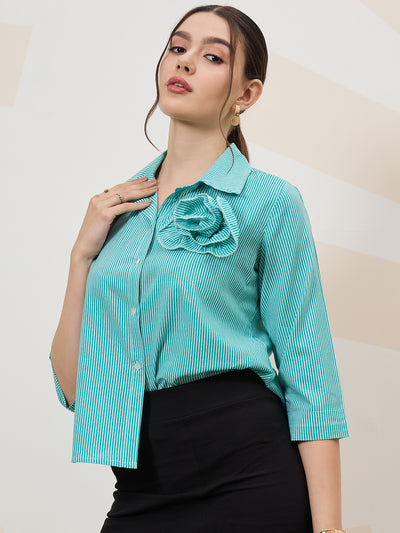 Athena Immutable Vertical Striped Floral Applique Cotton Shirt Style Top