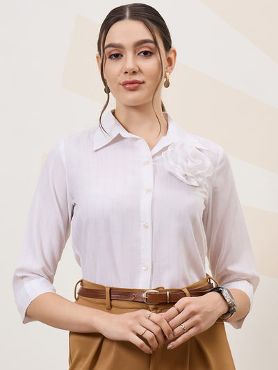 Athena Immutable Vertical Striped Shirt Collar Corsage Detailed Cotton Shirt Style Top