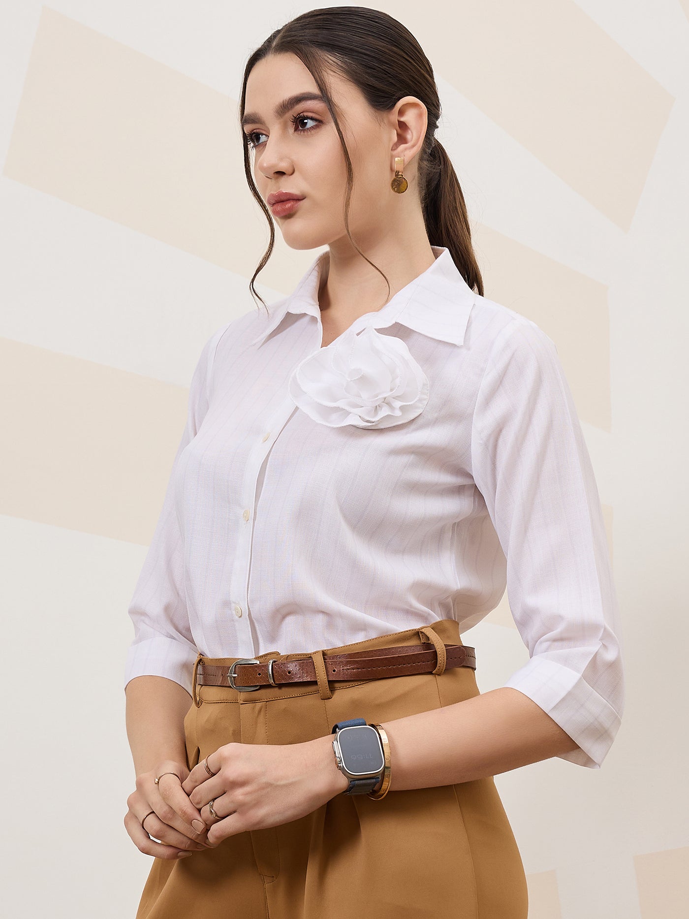 Athena Immutable Vertical Striped Shirt Collar Corsage Detailed Cotton Shirt Style Top