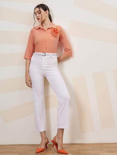 Athena Immutable Vertical Striped Floral Applique Cotton Shirt Style Top