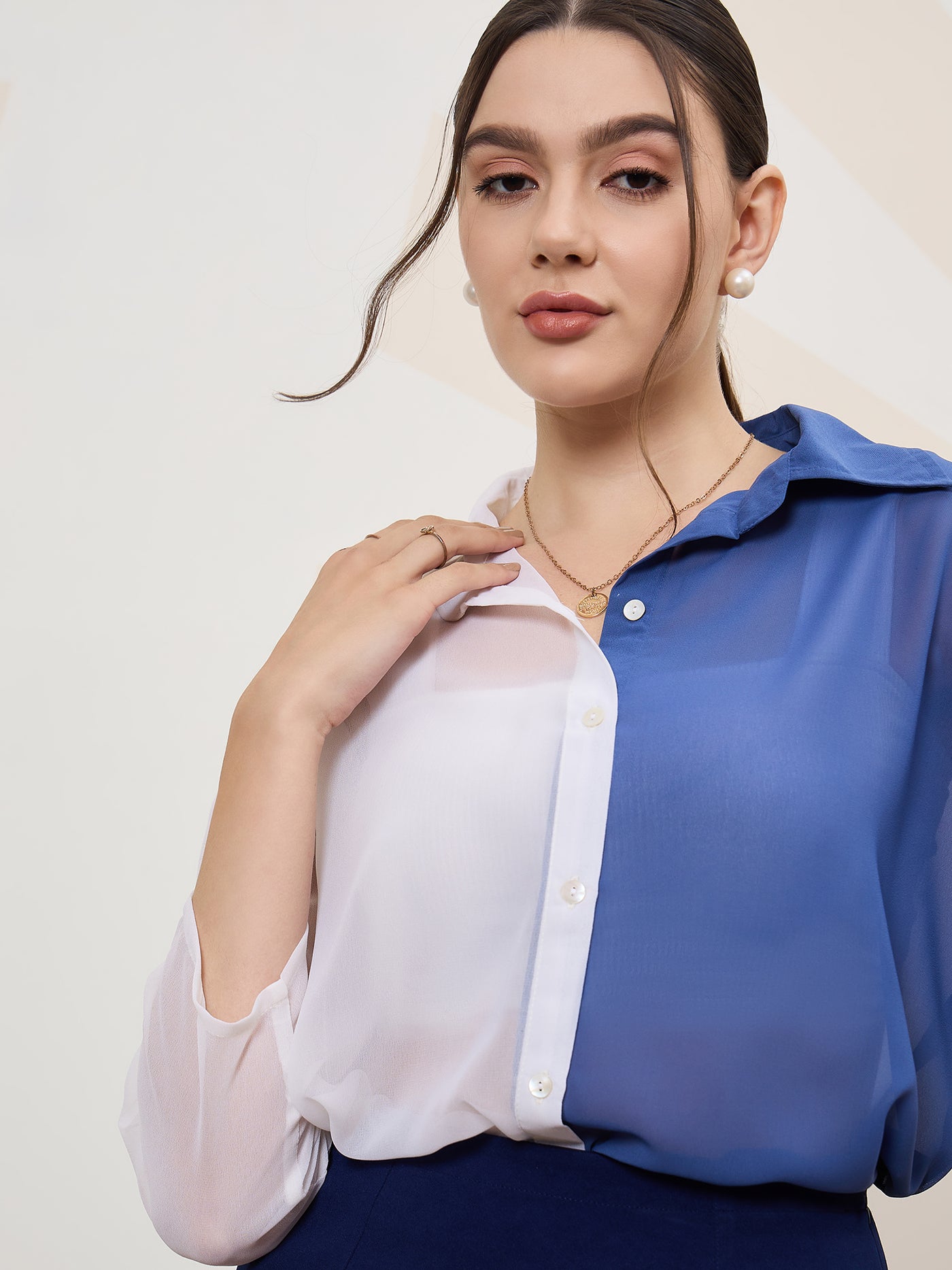 Athena Immutable Colour-blocked Spread Collar Drop-Shoulder Sleeves Sheer Casual Shirt