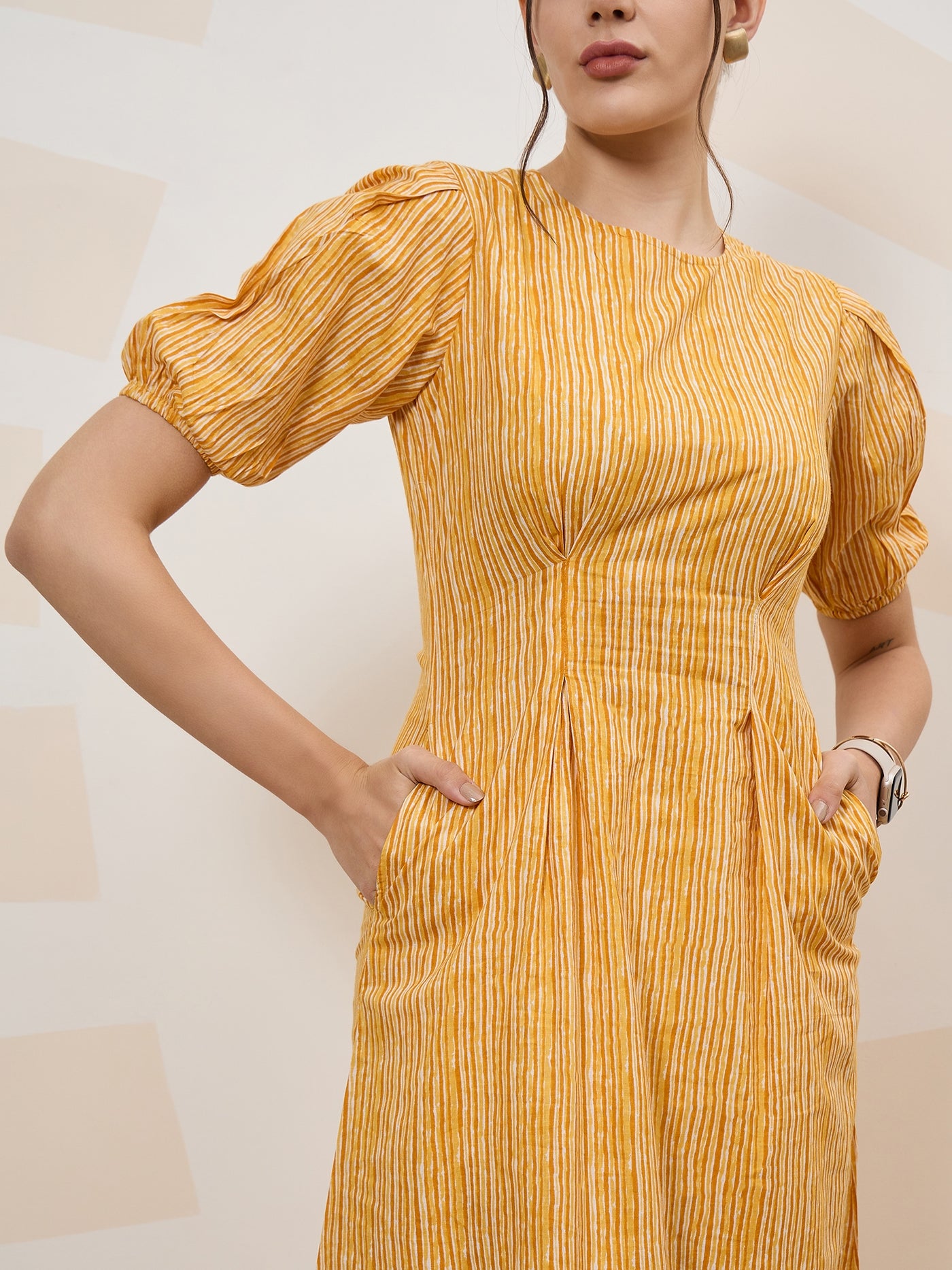 Athena Immutable Striped Puff Sleeve Formal A-Line Dress