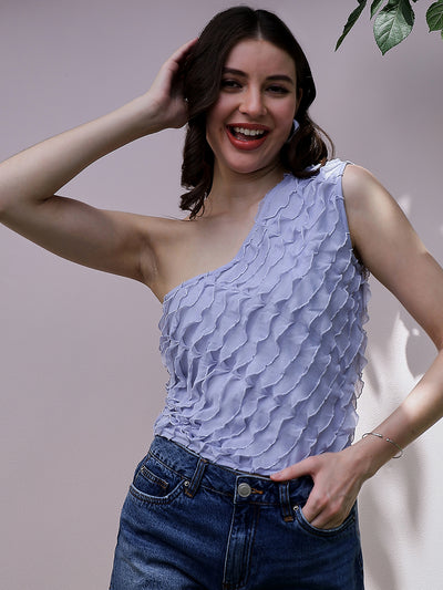 Athena Blue One Shoulder Ruffles Detailed Top