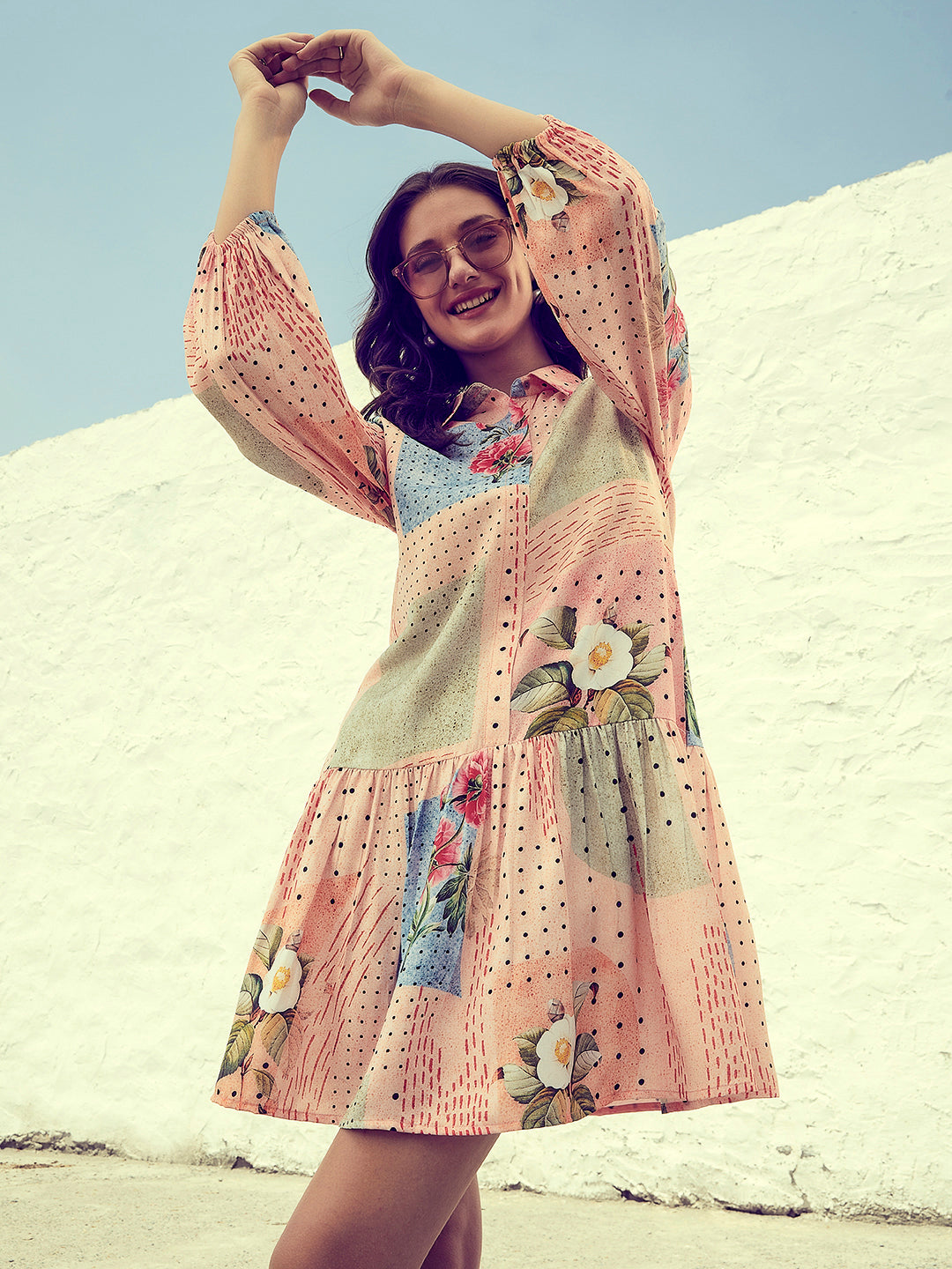 Athena Peach & Green Floral Printed Shirt Collar Drop-Waist Dress athenalifestyle.com Athena Peach & Green Floral Printed Shirt Collar Drop-Waist Dress athenalifestyle.com