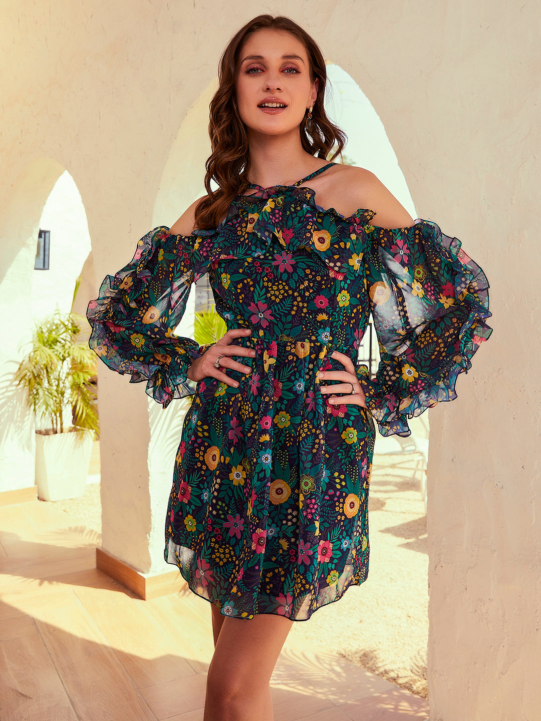 Green Floral Floral Print Cold Shoulder Dress Athena Navy Blue