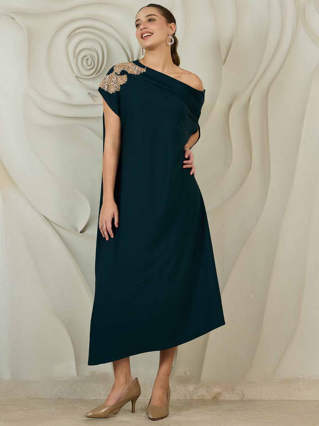 Shally Bhasin by Athena Embellished One-Shoulder Kaftan Maxi Dress