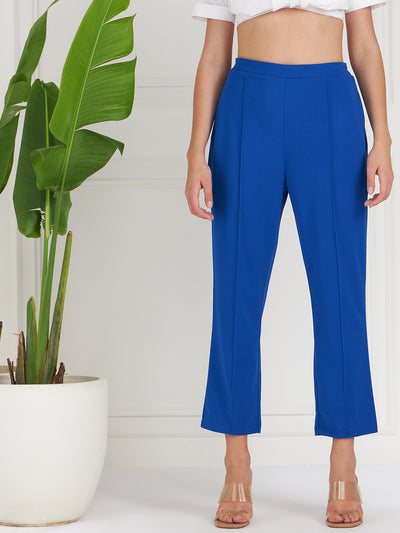 Athena Women Blue Original Straight Fit High-Rise Cropped Trousers - Athena Lifestyle