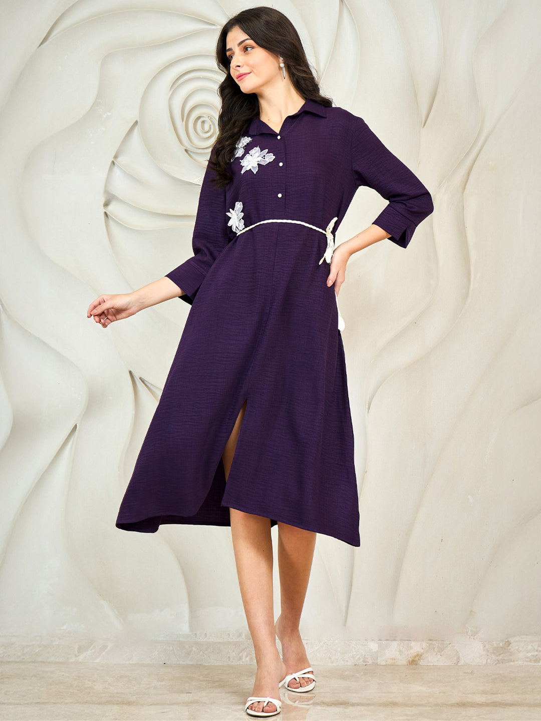 Athena Women Floral Embroidered Shirt Collar A-Line Midi Dress athenalifestyle.com Athena Women Floral Embroidered Shirt Collar A-Line Midi Dress athenalifestyle.com