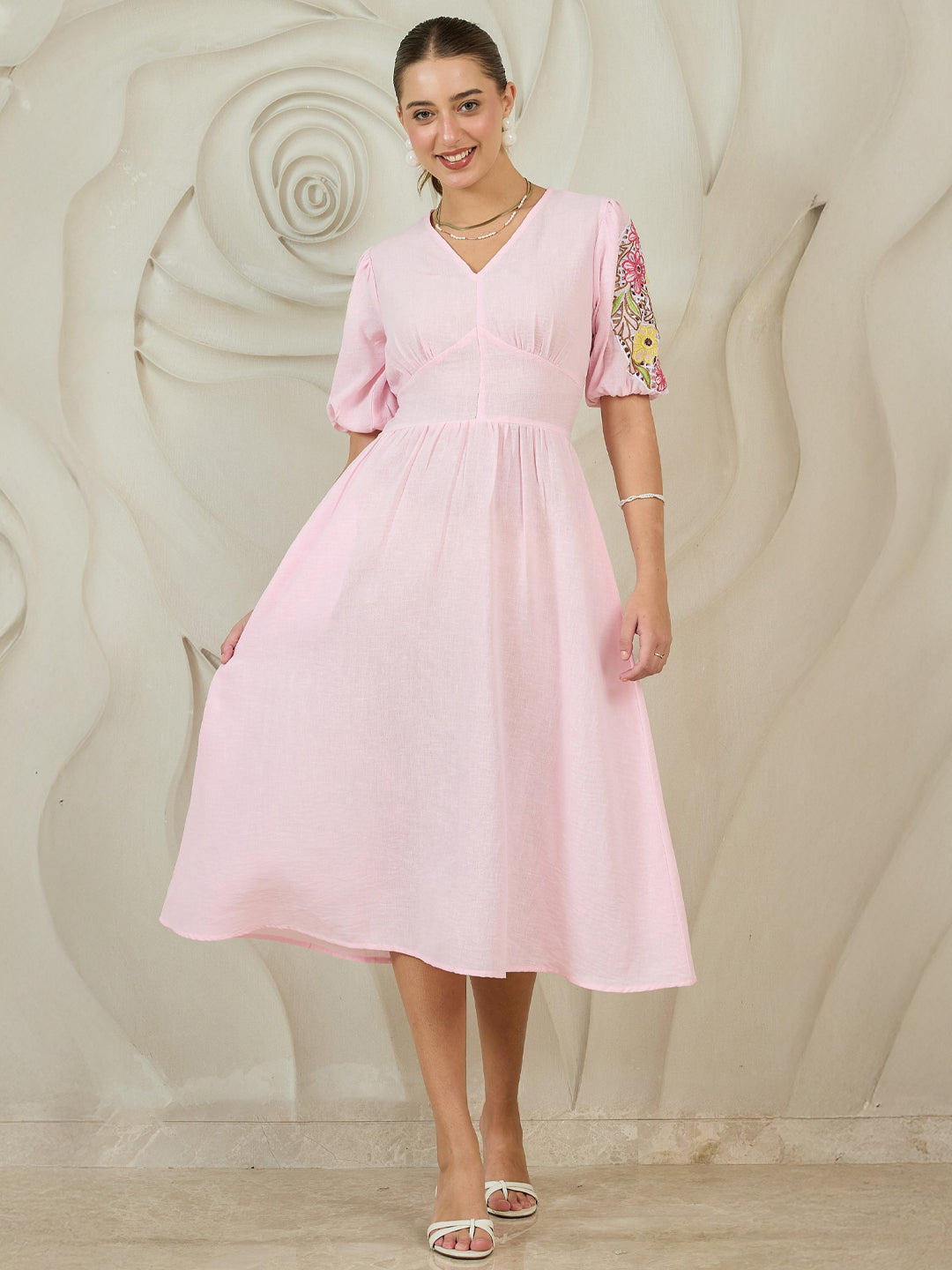 Boho By Athena Embroidered Puff Sleeves Cotton Fit Flare Midi