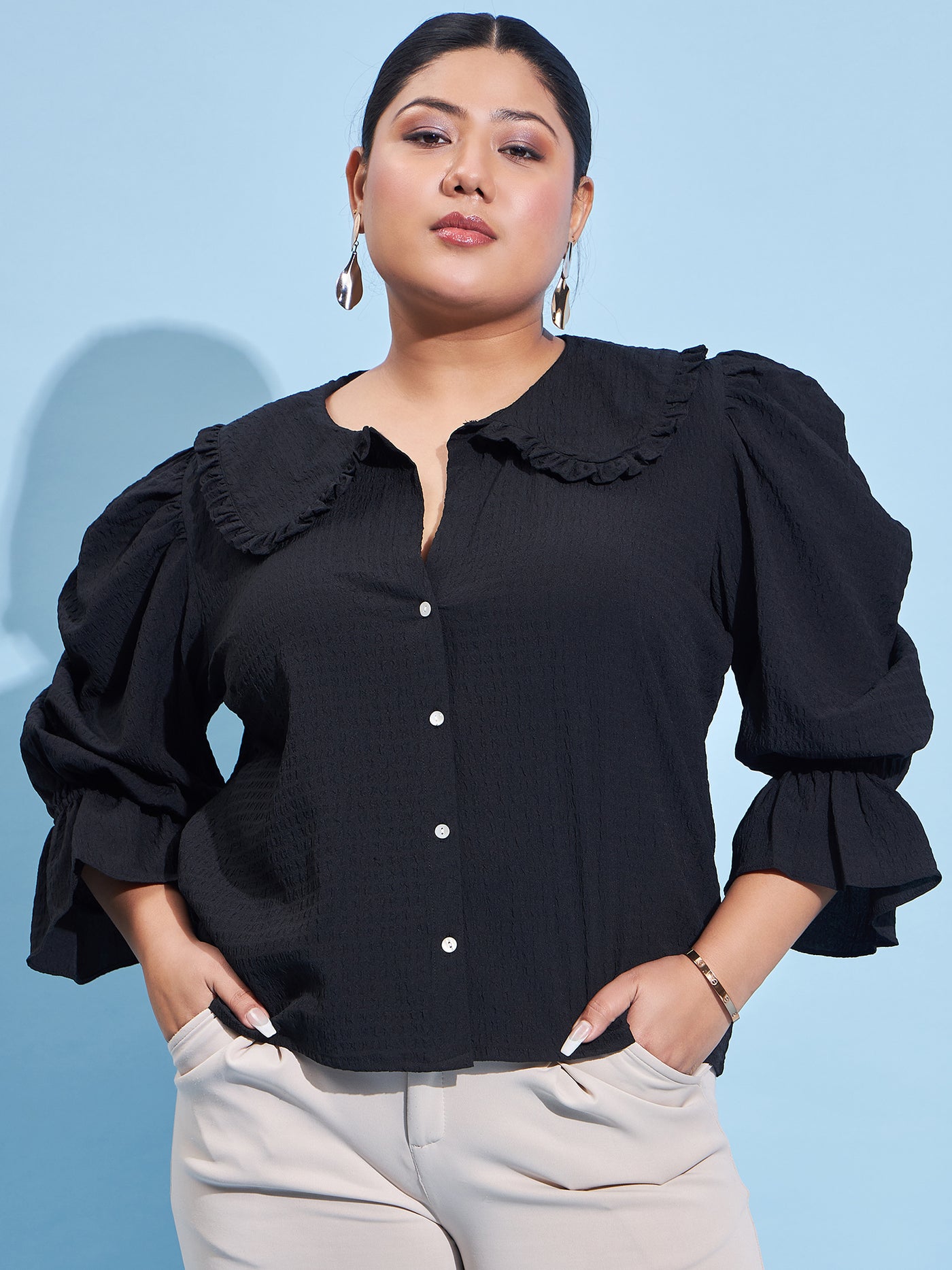 Athena Ample Plus Size Peter Pan Collar Bell Sleeve Shirt Style Top