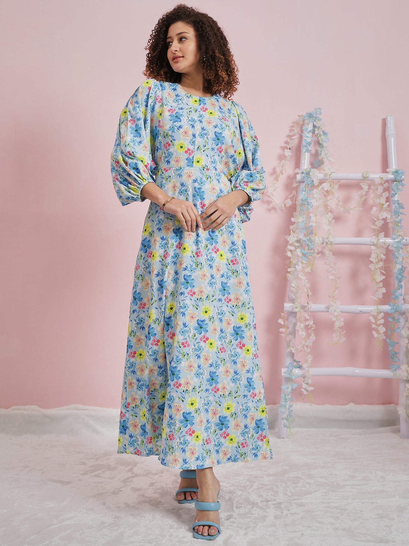 Athena Floral Printed Round Neck Three-Quarter Sleeves Flutter Sleeve Crepe Maxi Dress