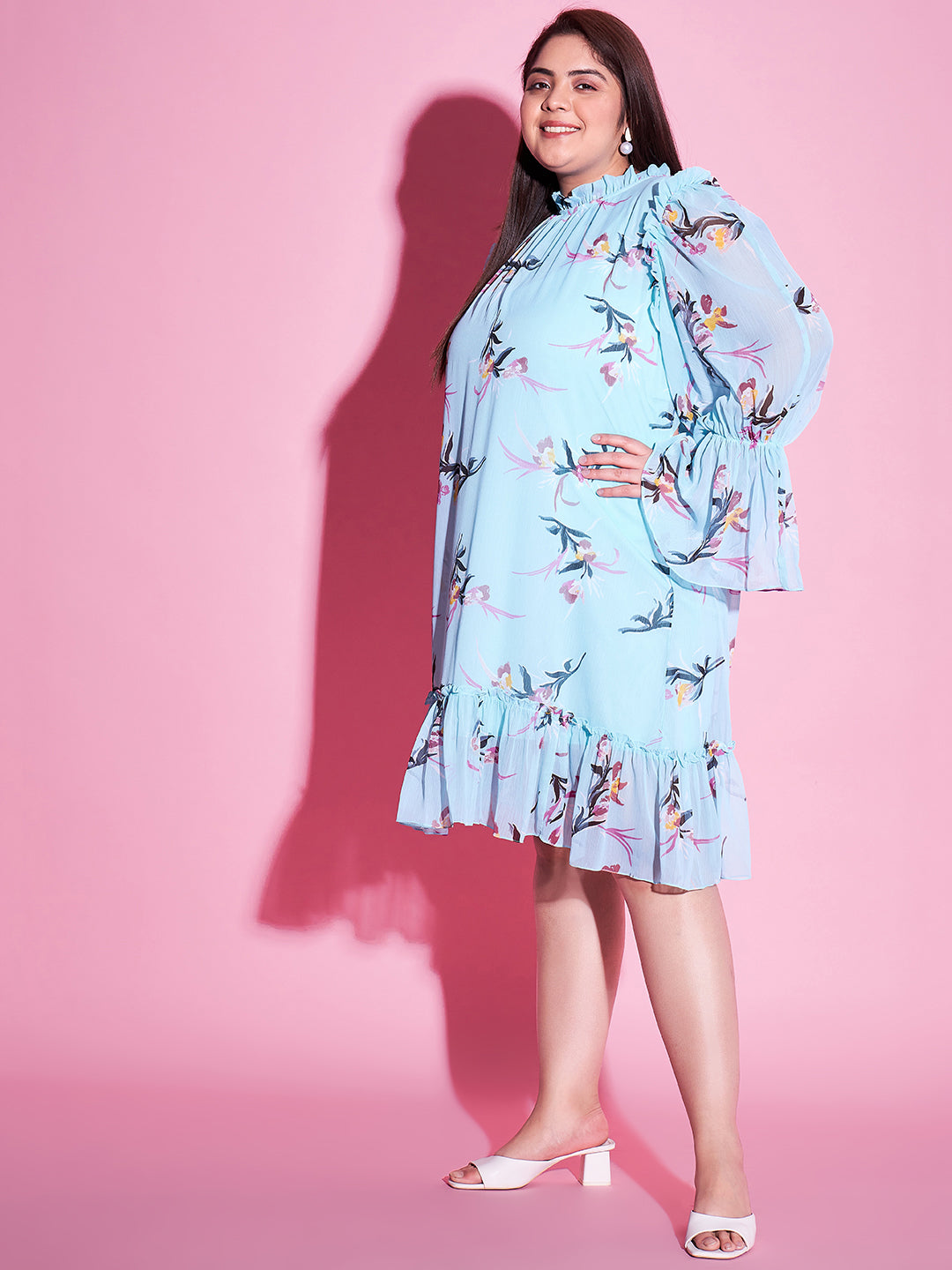 Athena Ample Plus Size Floral Printed Bell Sleeves Ruffled A-Line Dress - Athena Lifestyle