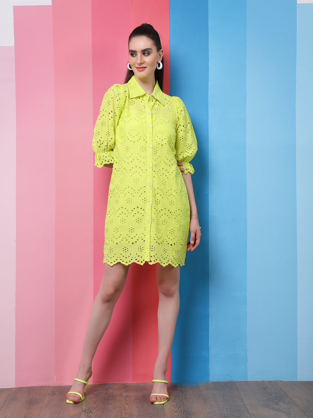 Athena Green Self Design Shirt Collar Puff Sleeves Schiffli A-Line Dre –  athenalifestyle.com
