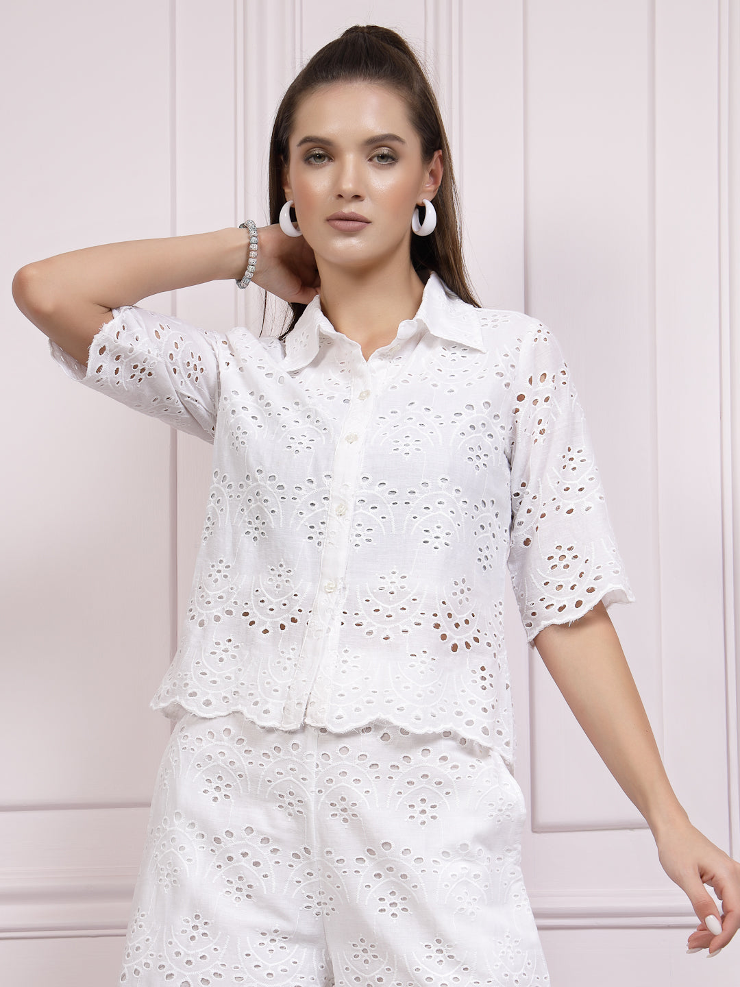 Athena Self Design Shiffli Pure Cotton Shirt & Shorts Co-Ords