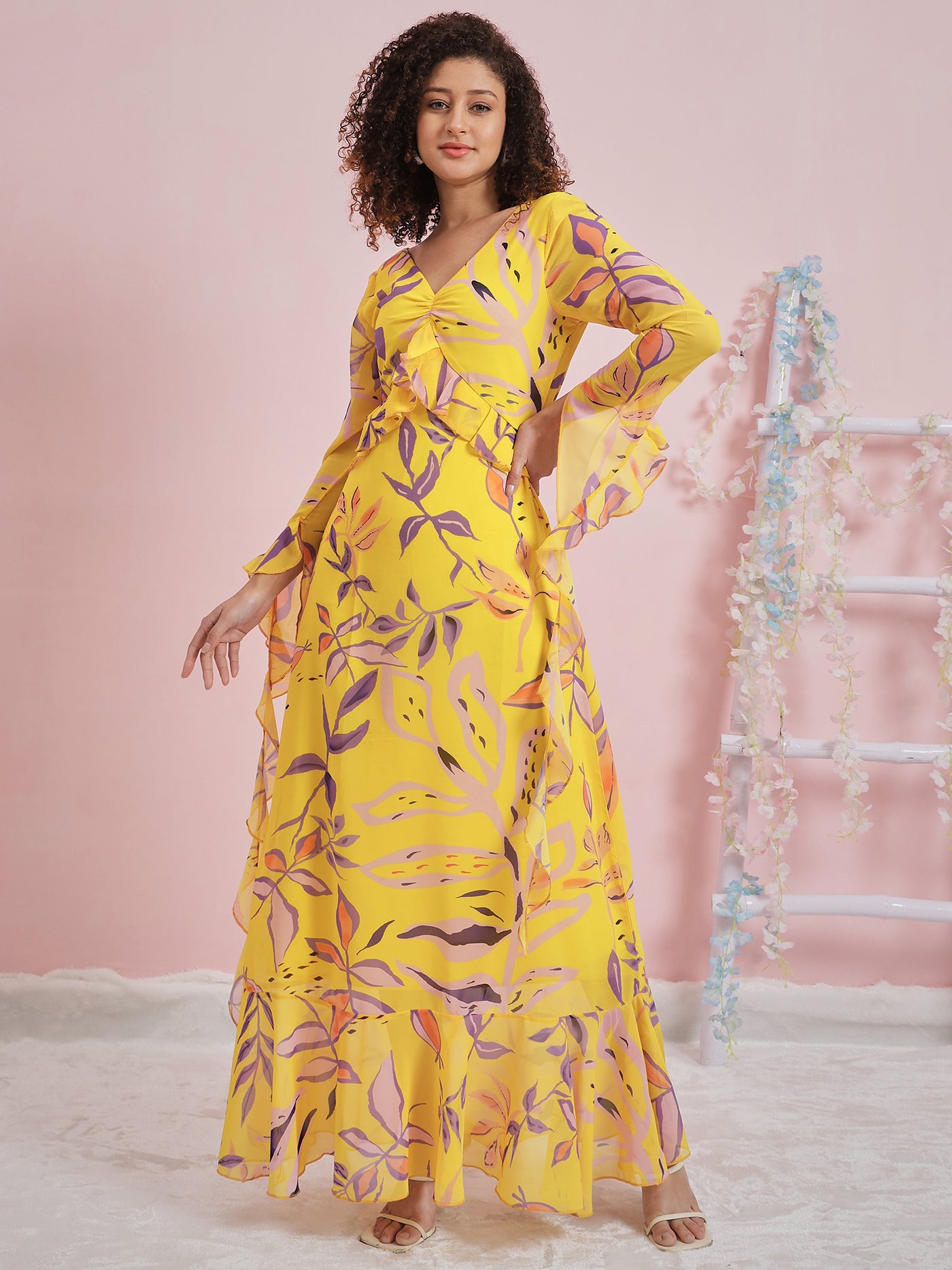 Athena Floral Printed Ruffled Georgette Maxi Dress
