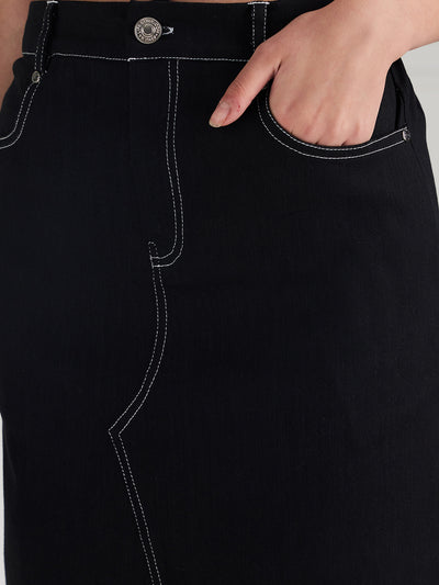 Athena Women Black Denim Front-Slit Knee-Length A-Line Skirt - Athena Lifestyle