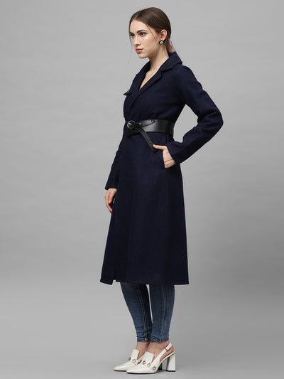 Athena Women Navy Blue Solid Woolen Longline Overcoat