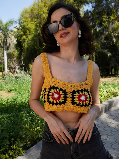 Athena Yellow Floral Print Cotton Crochet Crop Top - Athena Lifestyle