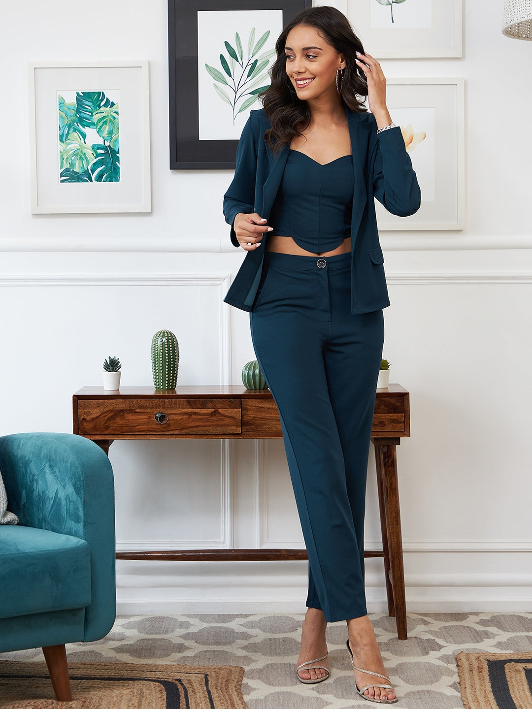Athena Women Teal-Blue Solid Three Piece Blazer Co-Ord set
