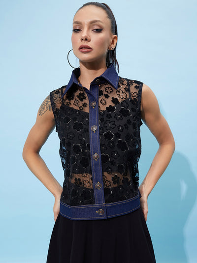 Athena Self Design Shirt Collar Sleeveless Sheer Net Shirt Style Top - Athena Lifestyle