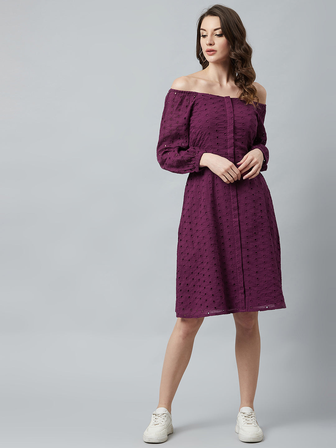 Athena Purple Cotton A-Line Dress