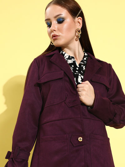 Athena Purple Suede trench coat with sleeve band and patch pocket details - Athena Lifestyle