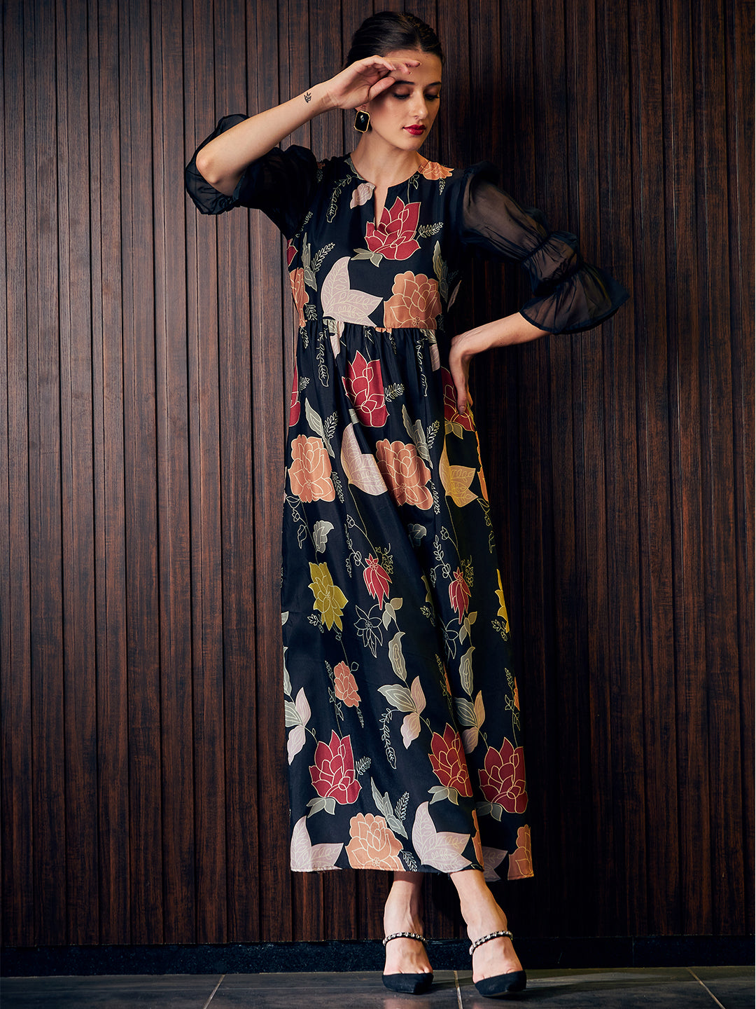 Athena Black Floral A-Line Maxi Dress - Main Image