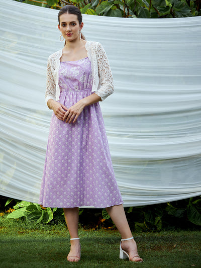 Athena Lavender Floral cotton A-Line Midi Dress With jJacket - Athena Lifestyle