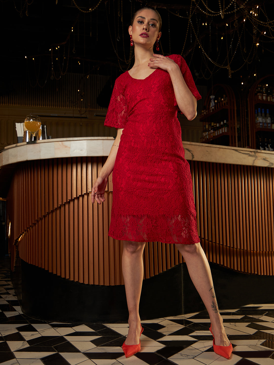 Athena Self Design Bell Sleeves Lace A-Line Dress – Athena Lifestyle