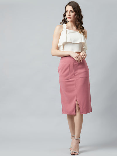 Athena Women Pink Solid Midi Pencil Skirt - Athena Lifestyle