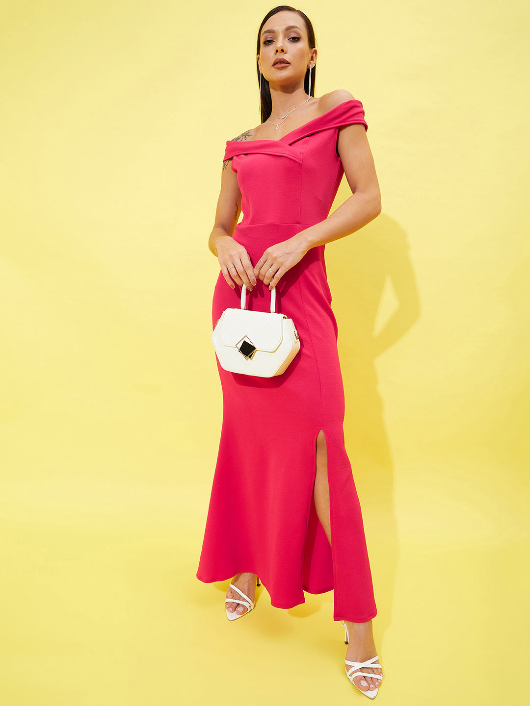 Athena Fuchsia Off-Shoulder Front Slit Maxi Dress - Athena Lifestyle