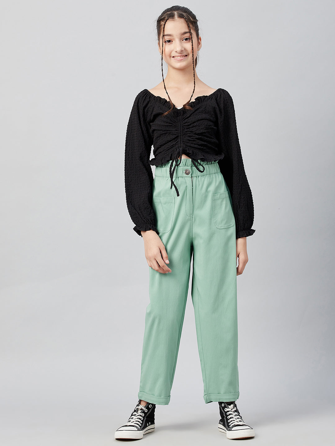 Athena Girls Green Relaxed Straight Leg Fit High-Rise Trousers - Athena Lifestyle