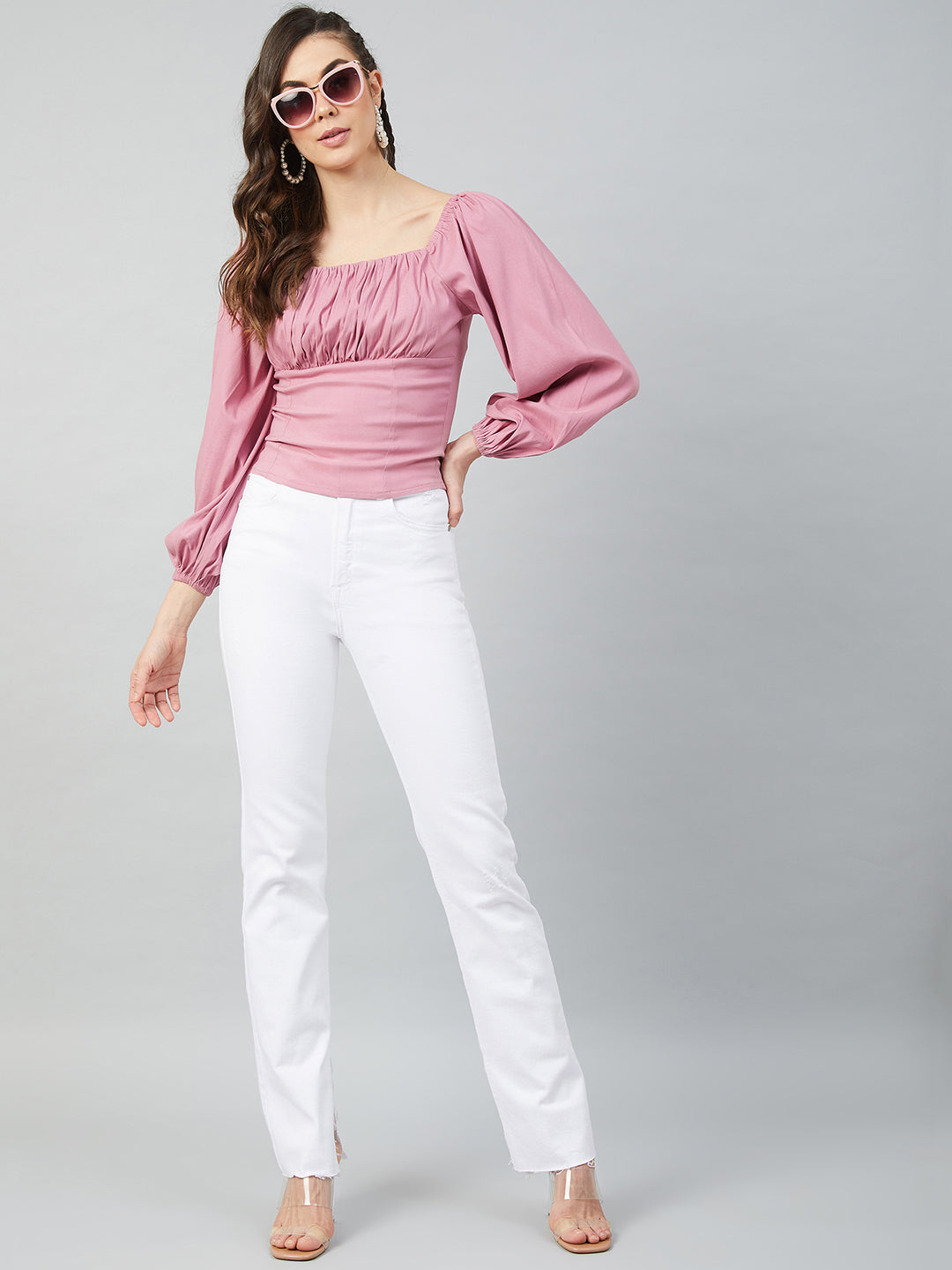 Athena Pink Puff Sleeve Ruched Fitted Top - Athena Lifestyle