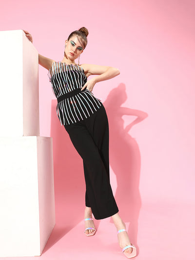 Athena Black Strapless Striped Basic Peplum Jumpsuit with Embellished - Athena Lifestyle