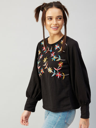 Athena Women Black Embroidered Fleece Sweatshirt - Athena Lifestyle