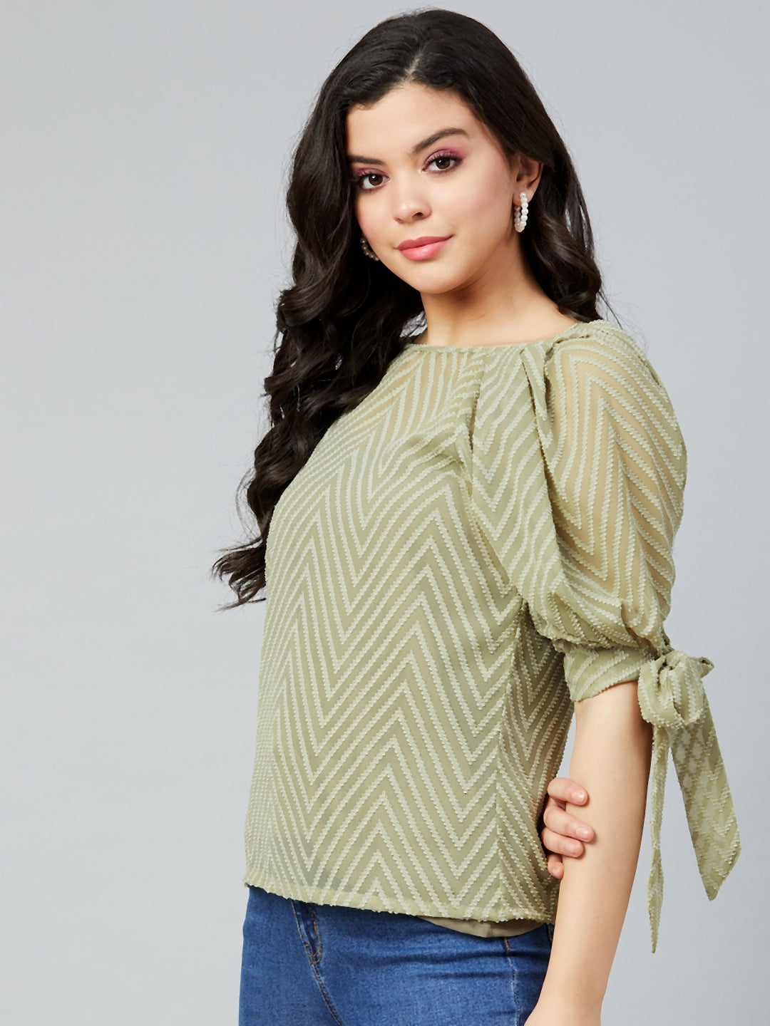 Athena Olive Green Puff Sleeves Georgette Regular Top - Athena Lifestyle