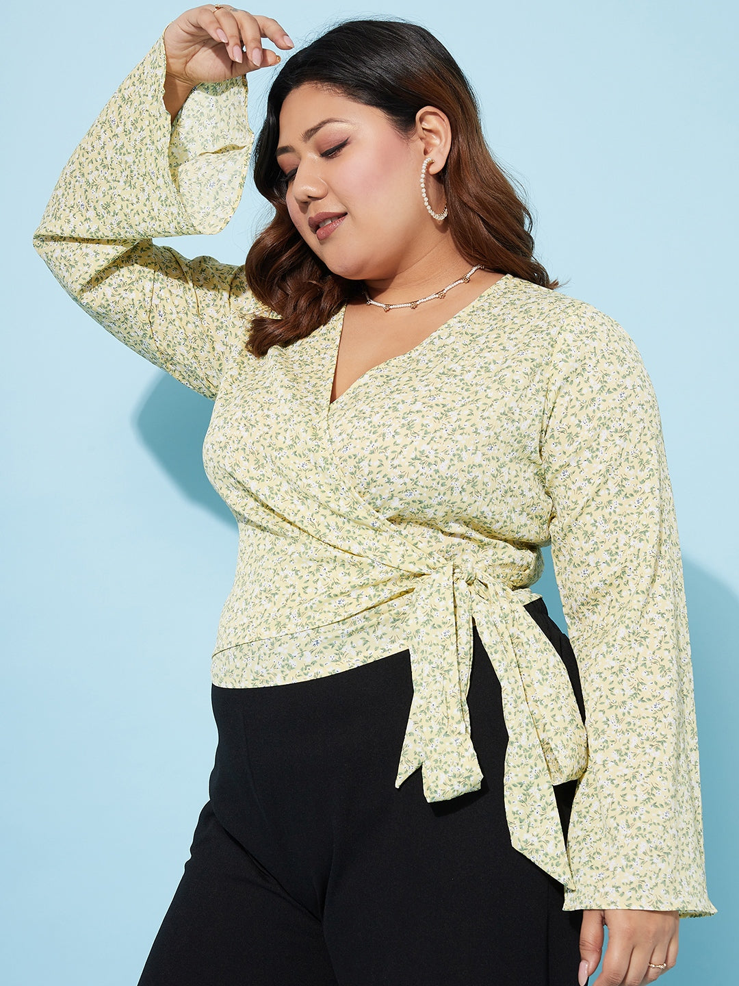 Athena Ample Plus Size Floral Printed Bell Sleeves Wrap Top - Athena Lifestyle