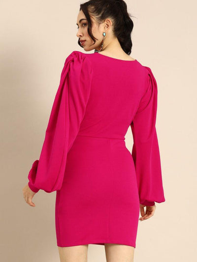 Athena Fuchsia Pink dress with Balloon puff sleeves - Athena Lifestyle