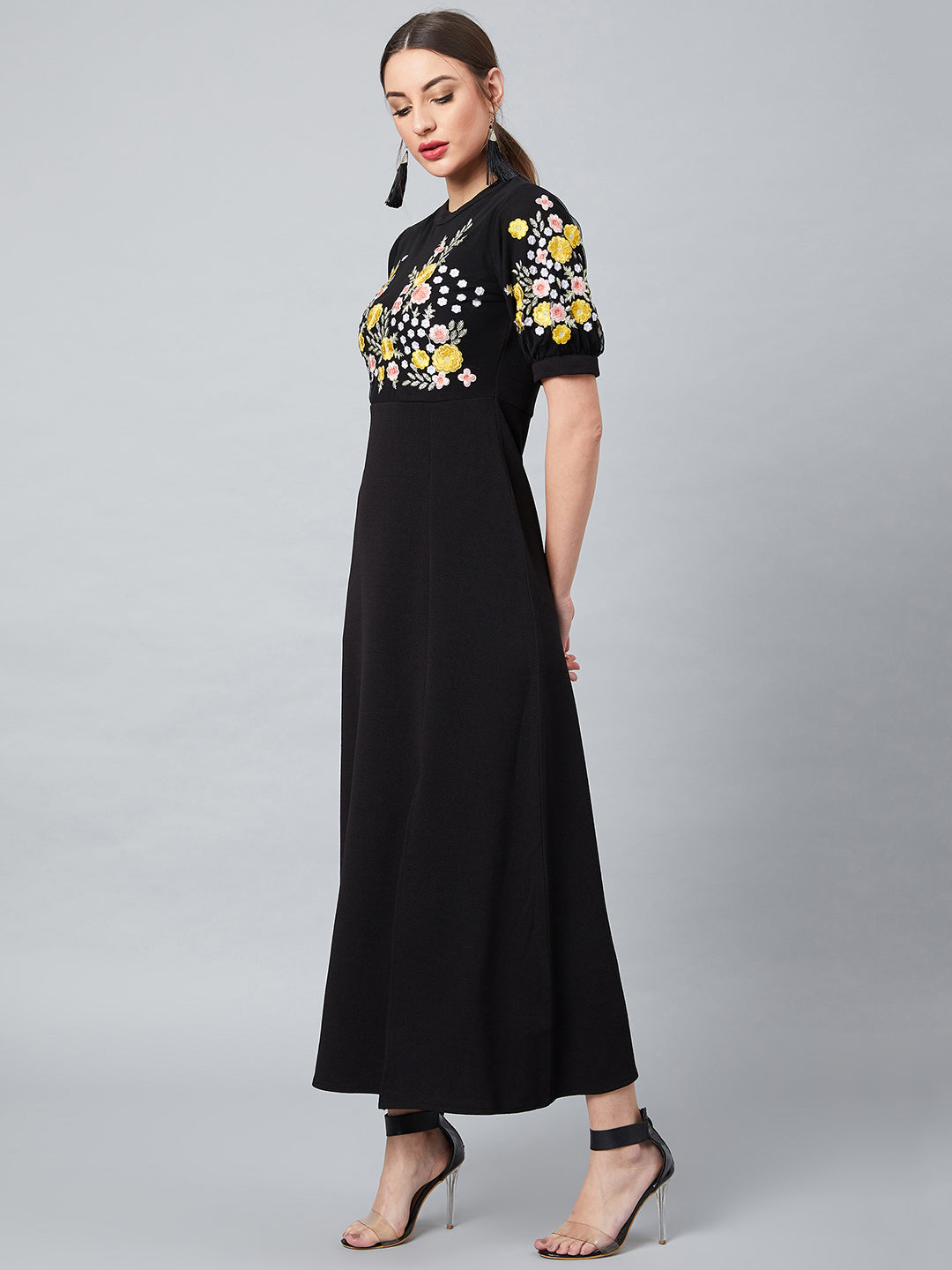 Athena Black 100% Polyester Embroidered Fit and Flare Dress - Athena Lifestyle