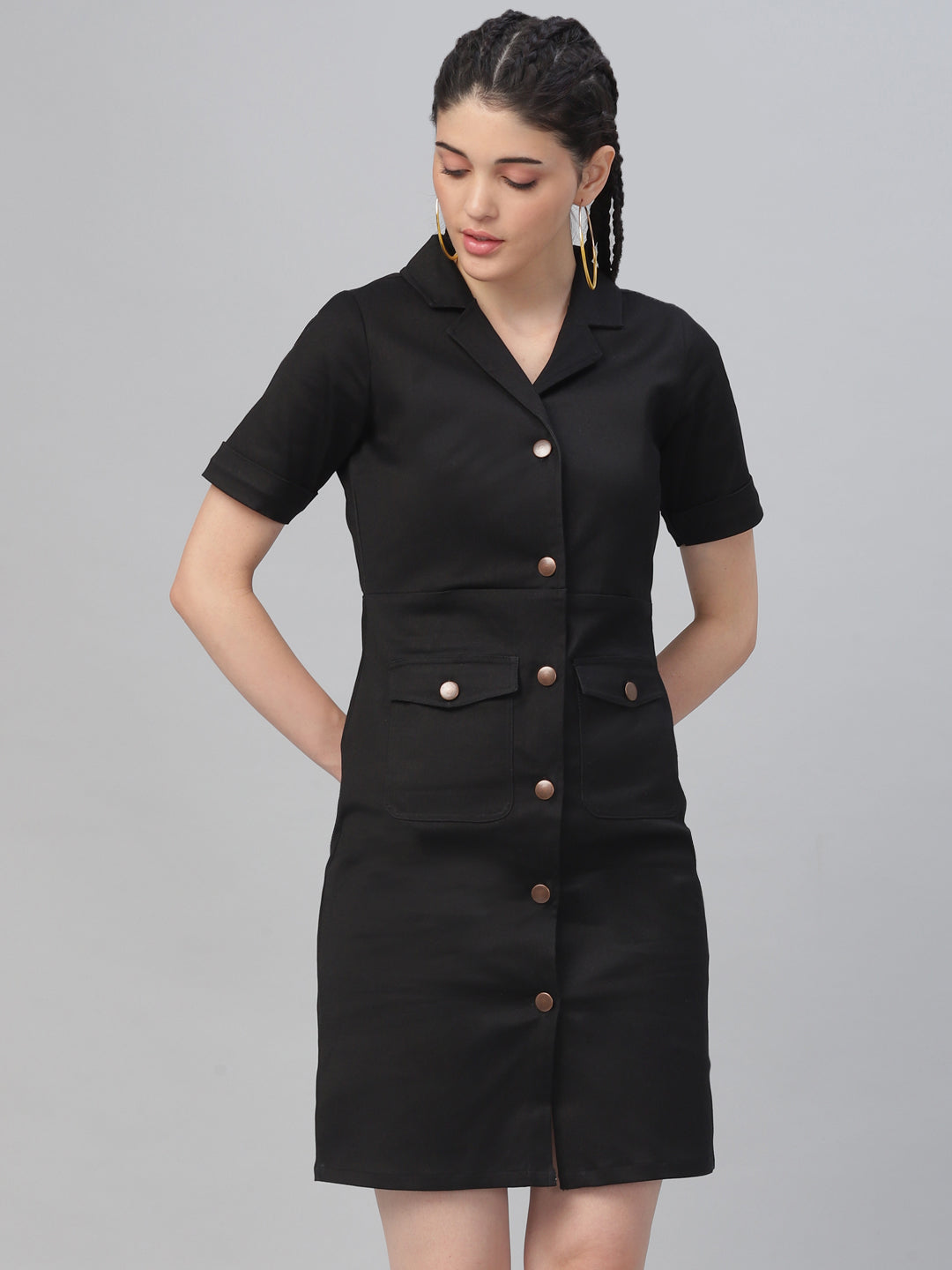 Athena Women Black Solid Denim Shirt Dress