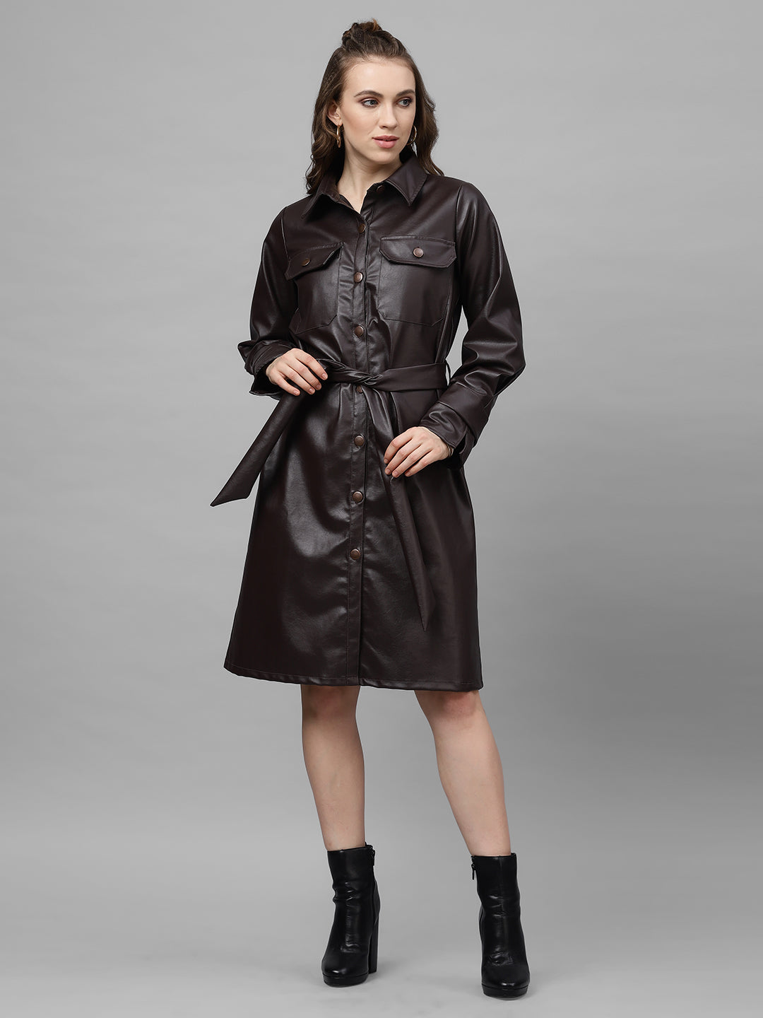 Athena Women Coffee Brown Solid Leather Shirt Dress  athenalifestyle.com