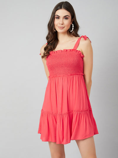 Athena Women Coral Red Solid Fit and Flare Dress - Athena Lifestyle
