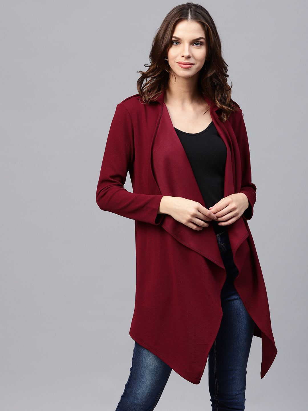 Athena Maroon Solid Longline Waterfall Front Open Long Sleeves Shrug