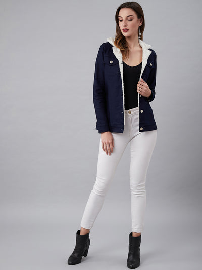Athena Women Navy Blue Solid Denim Jacket - Athena Lifestyle