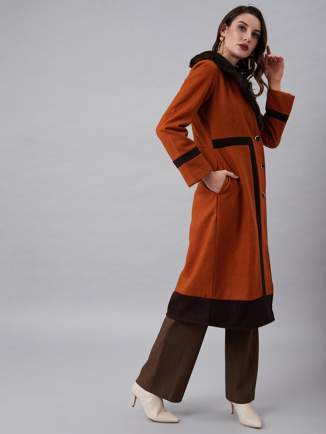 Athena Women Rust Orange & Brown Knee-Length Faux Fur Trimmed Woolen Overcoat - Athena Lifestyle