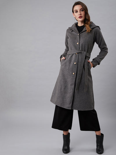 Athena Women Grey Solid Knee-Length Hooded Overcoat - Athena Lifestyle