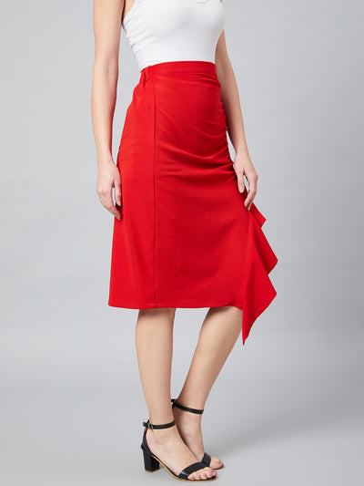 Athena Women Red Solid A-Line Midi Skirt With Front Frill Detail - Athena Lifestyle