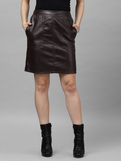 Athena Women Coffee Brown Solid Leather Mini Straight Skirt - Athena Lifestyle