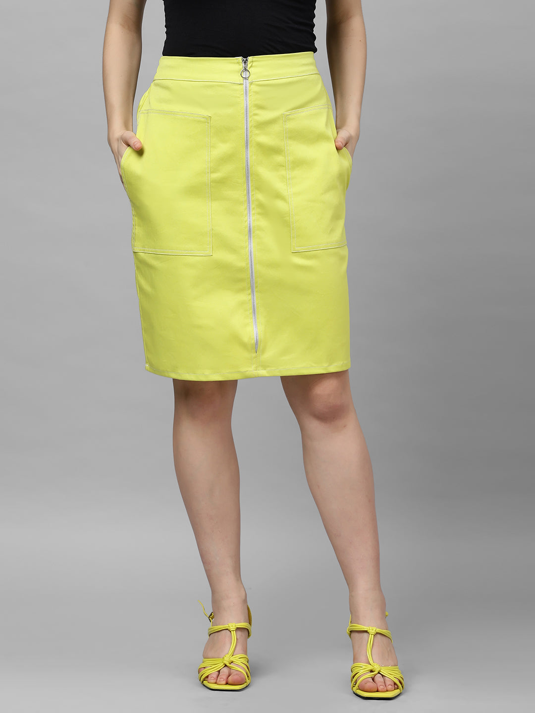 Athena Women Lime Green Solid Denim Pencil Skirt1